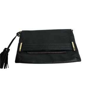 Sam‎ & Libby Black Faux Snakeskin Fold-Over Clutch with Tassel